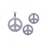 Sterling Silver Rhodium Plated Open Circle Peace Sign CZ Earring and Necklace Set