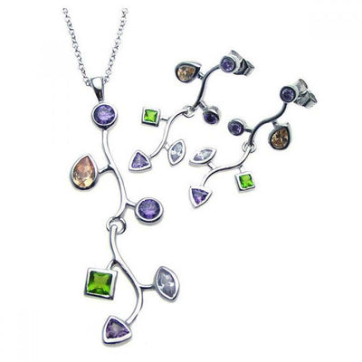 Sterling Silver Rhodium Plated Multishape Multicolor Tree Branch Dangling CZ Stud Earring and Necklace Set