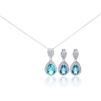 Sterling Silver Rhodium Plated Blue CZ Dangling Stud Earring and Necklace Set