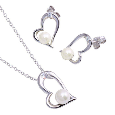 Sterling Silver Rhodium Plated Open Heart CZ Stud Earring and Necklace Set