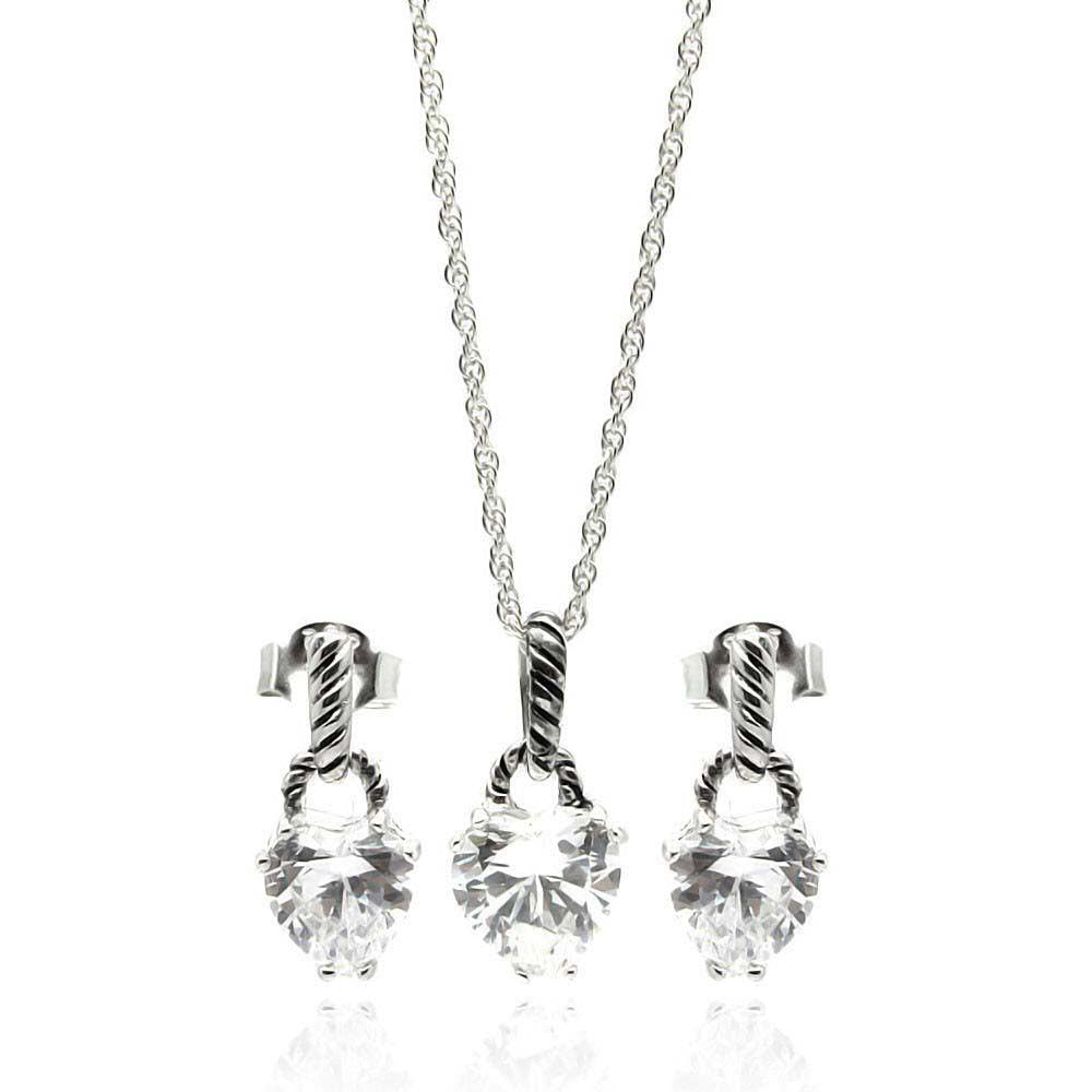 Sterling Silver Rhodium Plated Heart CZ Dangling Stud Earring and Necklace Set