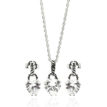 Load image into Gallery viewer, Sterling Silver Rhodium Plated Heart CZ Dangling Stud Earring and Necklace Set