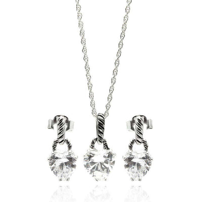 Sterling Silver Rhodium Plated Heart CZ Dangling Stud Earring and Necklace Set