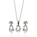 Sterling Silver Rhodium Plated Heart CZ Dangling Stud Earring and Necklace Set