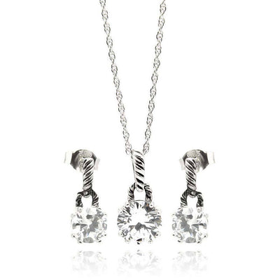 Sterling Silver Rhodium Plated Round CZ Dangling Stud Earring and Necklace Set