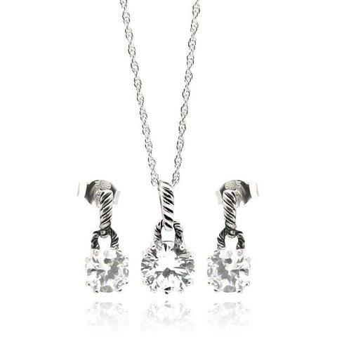 Sterling Silver Rhodium Plated Round CZ Dangling Stud Earring and Necklace Set