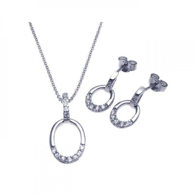Sterling Silver Rhodium Plated Open Circle CZ Dangling Stud Earring and Necklace Set