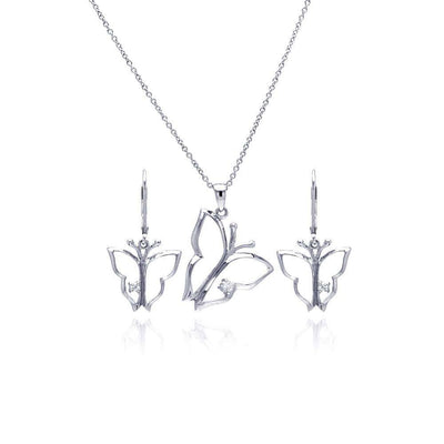 Sterling Silver Rhodium Plated Open Butterfly CZ Dangling Lever Back Earring and Necklace Set
