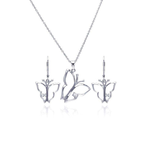 Sterling Silver Rhodium Plated Open Butterfly CZ Dangling Lever Back Earring and Necklace Set