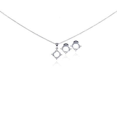 Sterling Silver Rhodium Plated Open Square CZ Stud Earring and Necklace Set