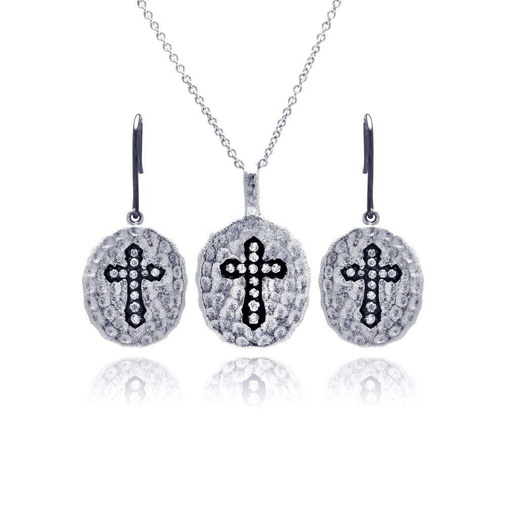Sterling Silver Black and Rhodium Plated Round Black Cross CZ Inlay Dangling Hook Earring and Necklace Set