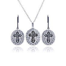 Load image into Gallery viewer, Sterling Silver Black and Rhodium Plated Round Black Cross CZ Inlay Dangling Hook Earring and Necklace Set