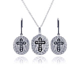 Sterling Silver Black and Rhodium Plated Round Black Cross CZ Inlay Dangling Hook Earring and Necklace Set