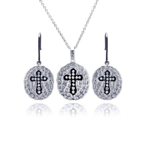 Sterling Silver Black and Rhodium Plated Round Black Cross CZ Inlay Dangling Hook Earring and Necklace Set