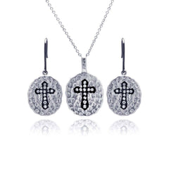 Sterling Silver Black and Rhodium Plated Round Black Cross CZ Inlay Dangling Hook Earring and Necklace Set