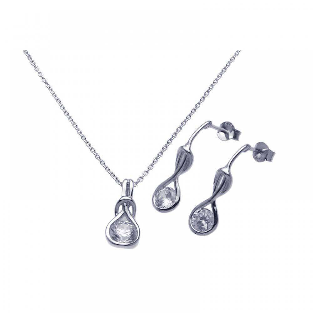 Sterling Silver Rhodium Plated Twisted Circle Round Clear CZ Stud Earring and Necklace Set