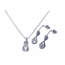 Load image into Gallery viewer, Sterling Silver Rhodium Plated Twisted Circle Round Clear CZ Stud Earring and Necklace Set