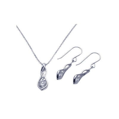 Sterling Silver Rhodium Plated Teardrop Clear CZ Dangling Hook Earring and Necklace Set