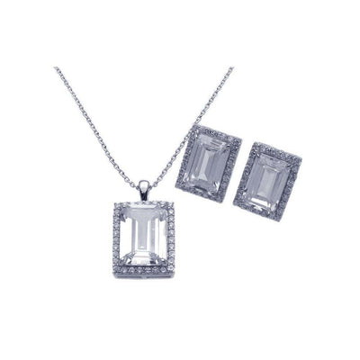 Sterling Silver Rhodium Plated Square CZ Stud Earring and Necklace Set