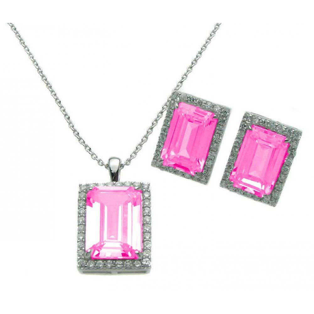 Sterling Silver Rhodium Plated Rectangle Pink CZ Stud Earring and Necklace Set