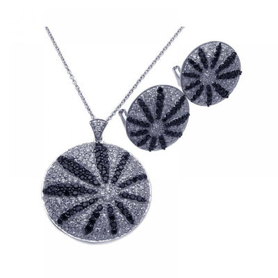 Sterling Silver Rhodium Plated Black and Clear Sun flower CZ Stud Earring and Necklace Set
