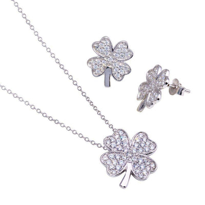 Sterling Silver Rhodium Plated Clover CZ Stud Earring and Necklace Set