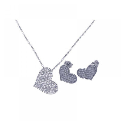 Sterling Silver Rhodium Plated Heart CZ Stud Earring and Necklace Set