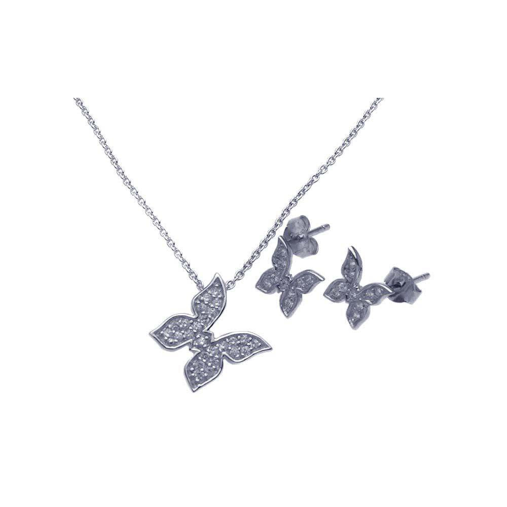 Sterling Silver Rhodium Plated Butterfly CZ Stud Earring and Necklace Set