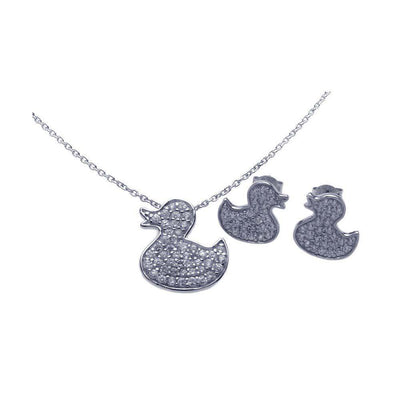 Sterling Silver Rhodium Plated Duck CZ Stud Earring and Necklace Set