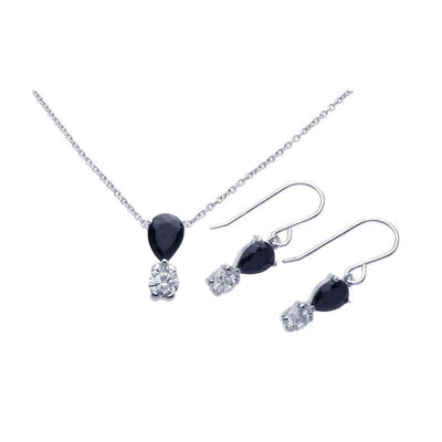 Sterling Silver Rhodium Plated Round Teardrop CZ Dangling Hook Earring and Necklace Set