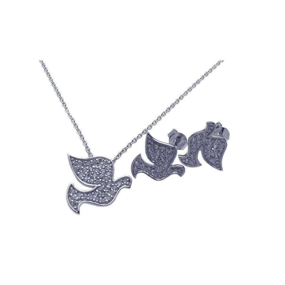 Sterling Silver Rhodium Plated Dove CZ Stud Earring and Necklace Set