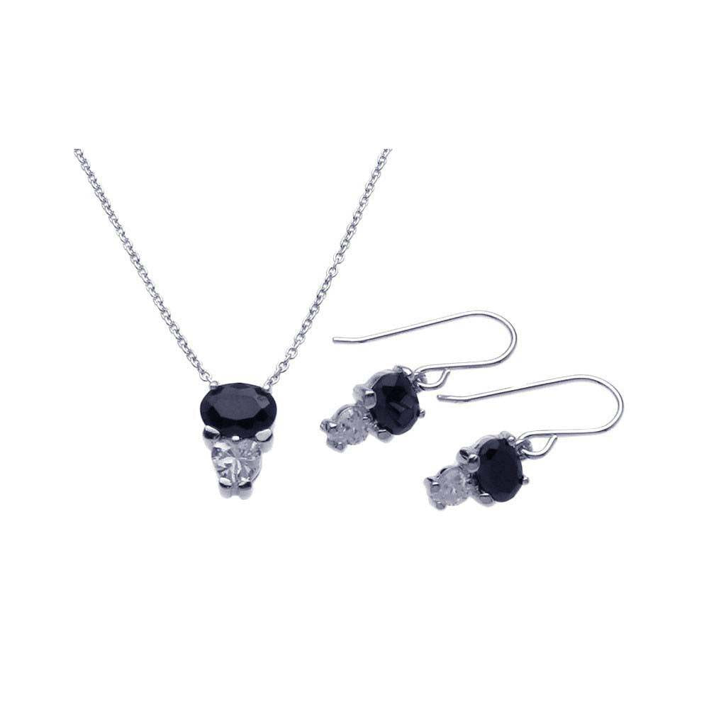 Sterling Silver Rhodium Plated Black CZ Dangling Hook Earring and Necklace Set