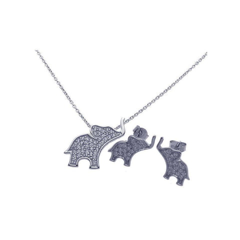 Sterling Silver Rhodium Plated Elephant CZ Stud Earring and Necklace Set