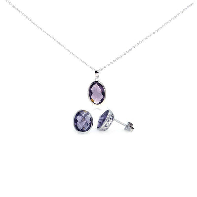 Sterling Silver Rhodium Plated Oval Purple CZ Post Earring and Necklace Set