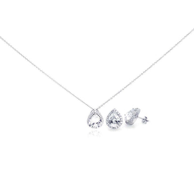 Sterling Silver Rhodium Plated Clear Teardrop CZ Stud Earring and Necklace Set