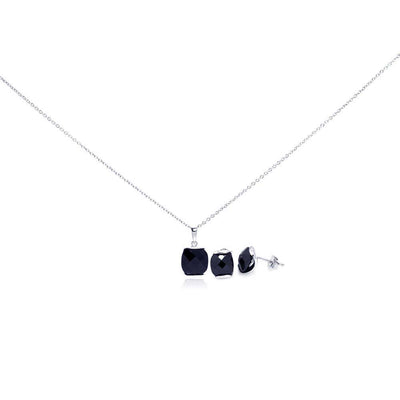 Sterling Silver Rhodium Plated Square Black CZ Stud Earring and Necklace Set