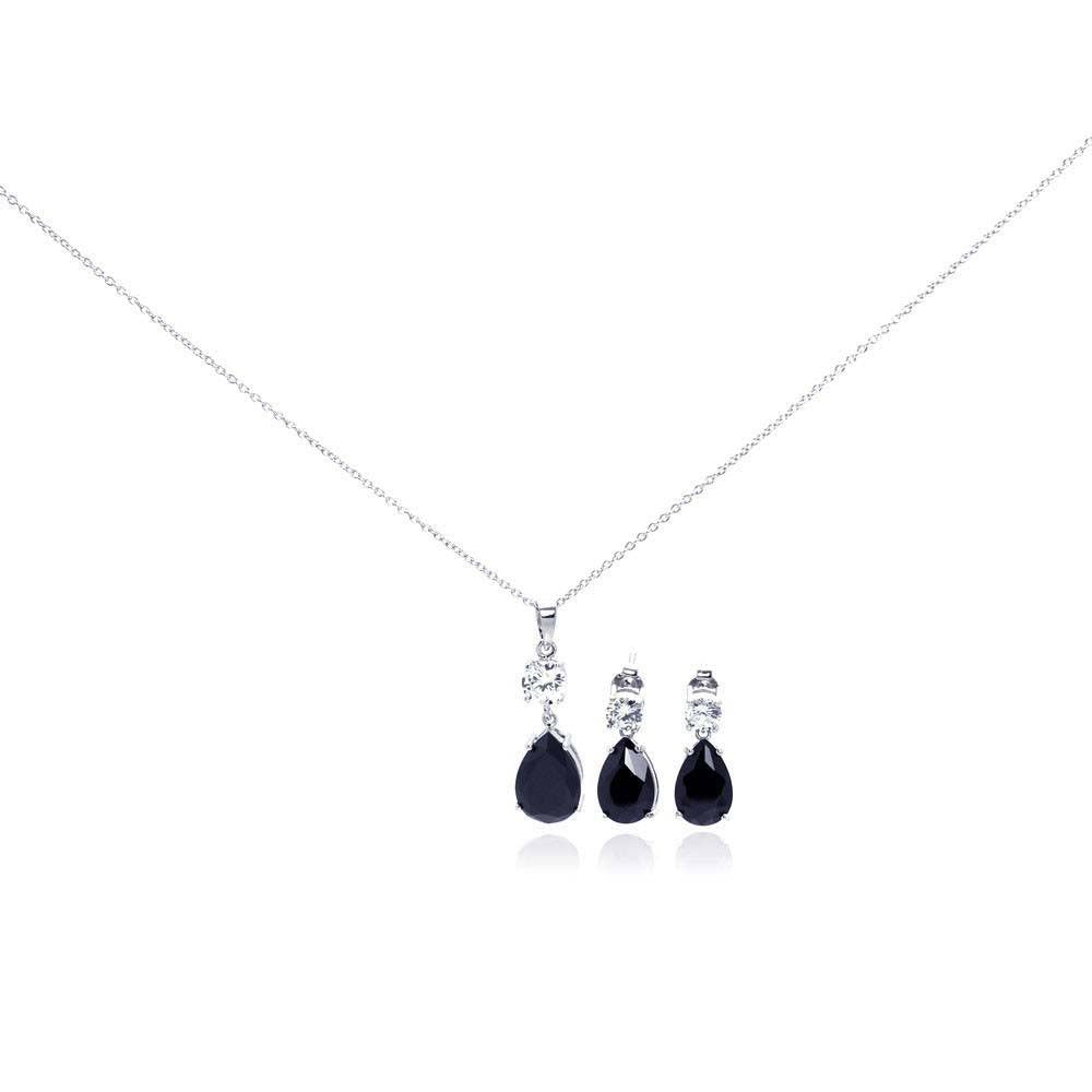 Sterling Silver Rhodium Plated Teardrop Black CZ Stud Earring and Necklace Set