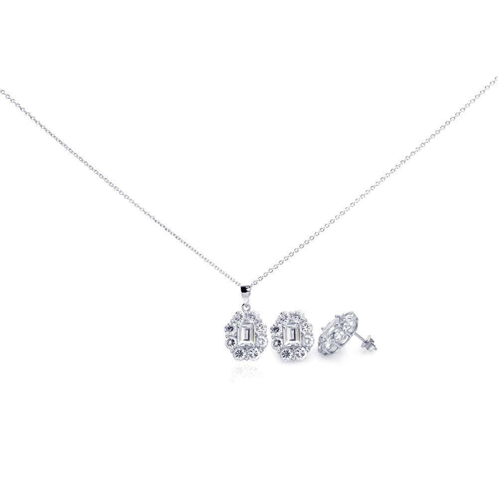 Sterling Silver Rhodium Plated Round CZ Stud Earring and Necklace Set