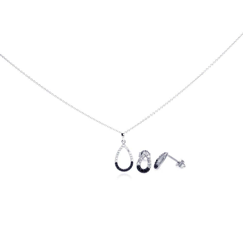 Sterling Silver Rhodium Plated Open Teardrop CZ Stud Earring and Necklace Set