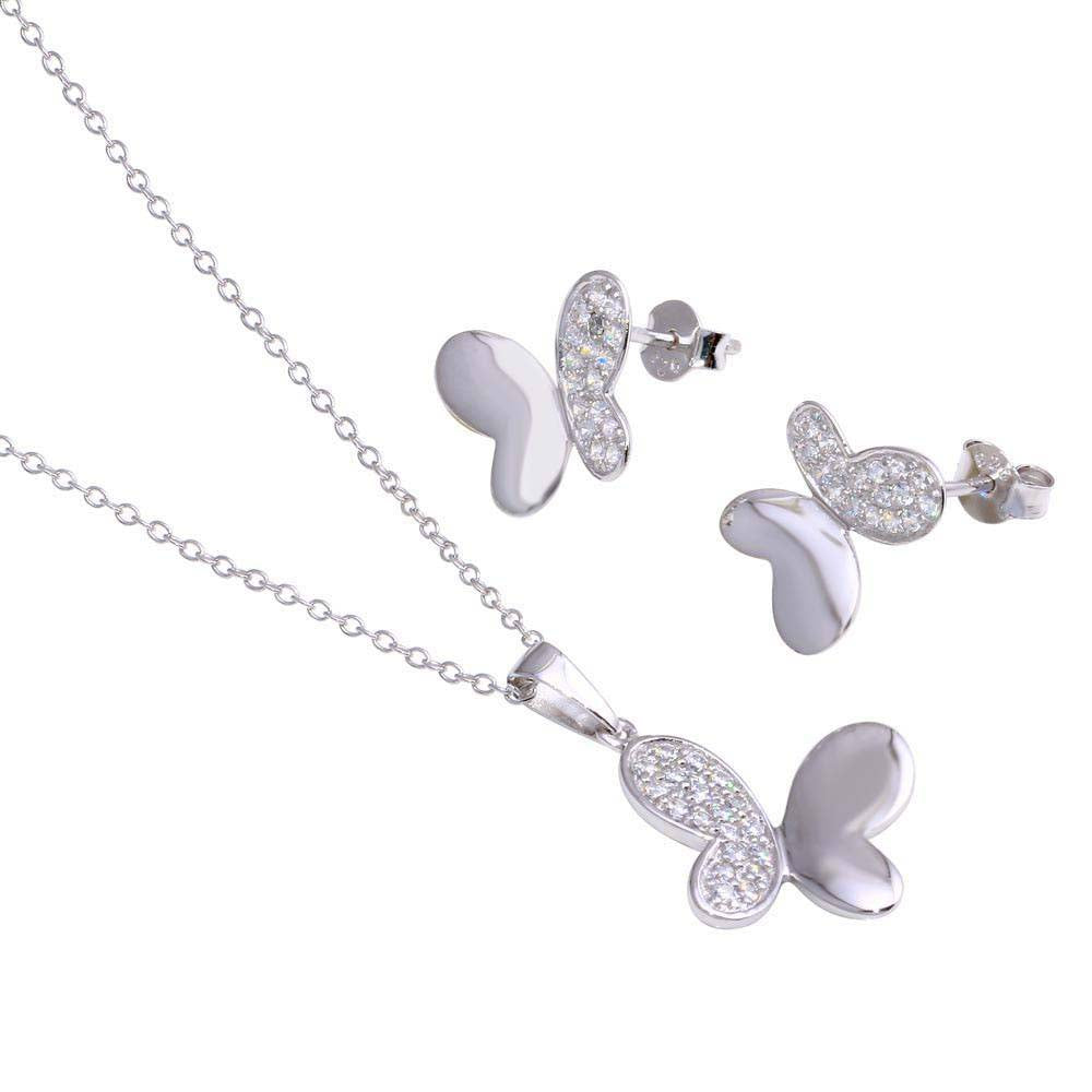 Sterling Silver Rhodium Plated Butterfly CZ Stud Earring and Necklace Set