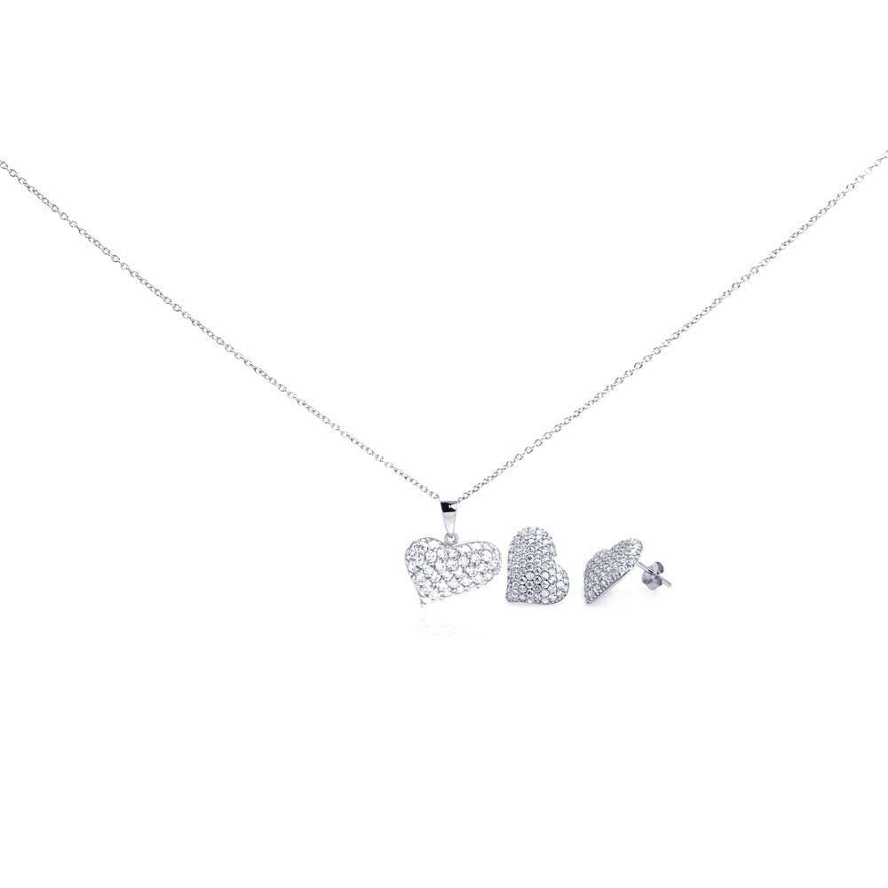 Sterling Silver Rhodium Plated Heart CZ Stud Earring and Necklace Set