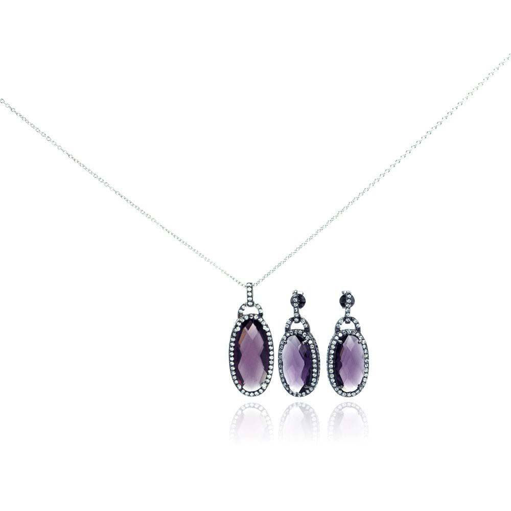 Sterling Silver Rhodium Plated Oval Purple CZ Dangling Stud Earring and Necklace Set