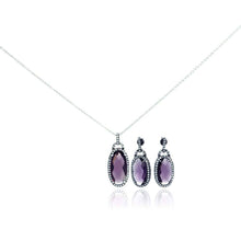 Load image into Gallery viewer, Sterling Silver Rhodium Plated Oval Purple CZ Dangling Stud Earring and Necklace Set