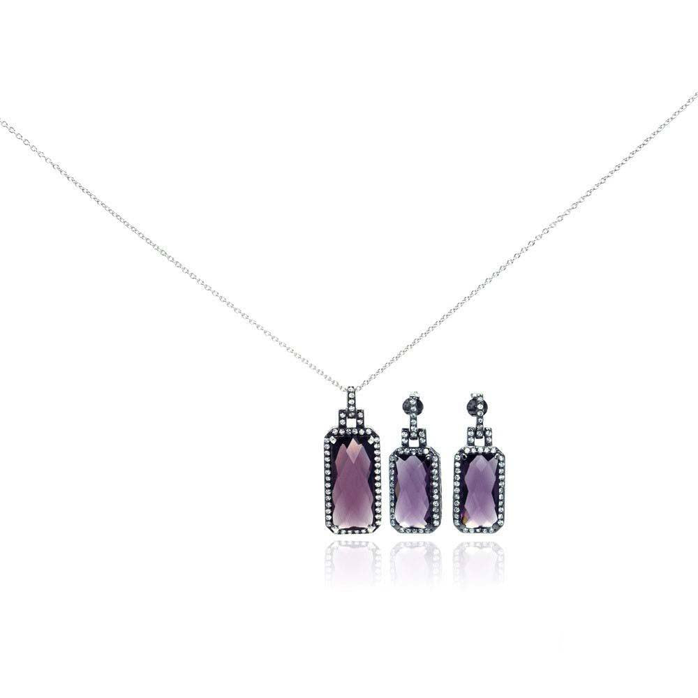 Sterling Silver Rhodium Plated Purple Rectangle CZ Dangling Stud Earring and Necklace Set