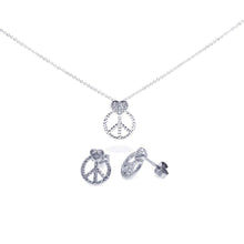 Load image into Gallery viewer, Sterling Silver Rhodium Plated Open Peace Sign CZ Stud Earring and Necklace Set
