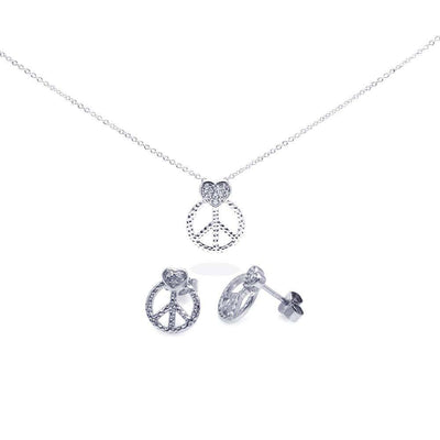 Sterling Silver Rhodium Plated Open Peace Sign CZ Stud Earring and Necklace Set