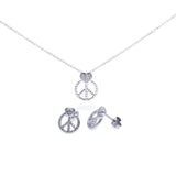 Sterling Silver Rhodium Plated Open Peace Sign CZ Stud Earring and Necklace Set