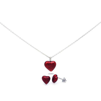 Sterling Silver Rhodium Plated Red Heart CZ Stud Earring and Necklace Set