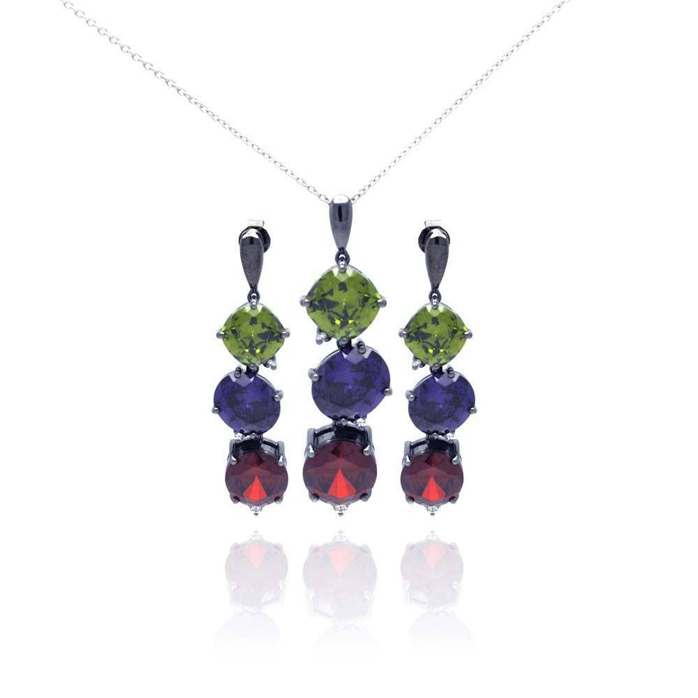 Sterling Silver Rhodium Plated Multiple color Round CZ Dangling Earring and Necklace Set