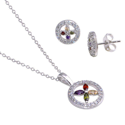 Sterling Silver Rhodium Plated Open Cuircle Multicolor Flower CZ Stud Earring and Necklace Set